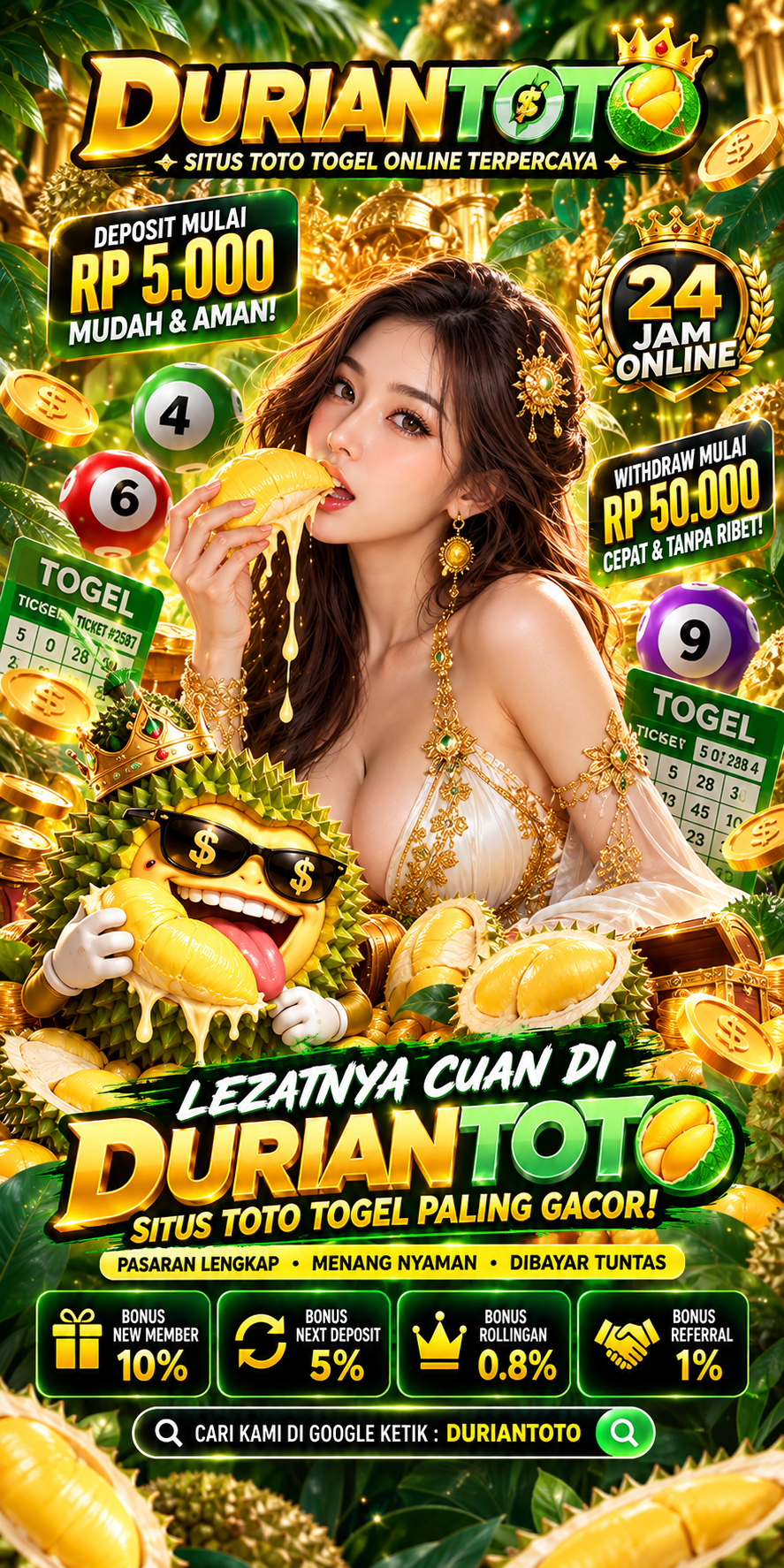 Banner DURIANTOTO tema kerajaan durian hijau emas